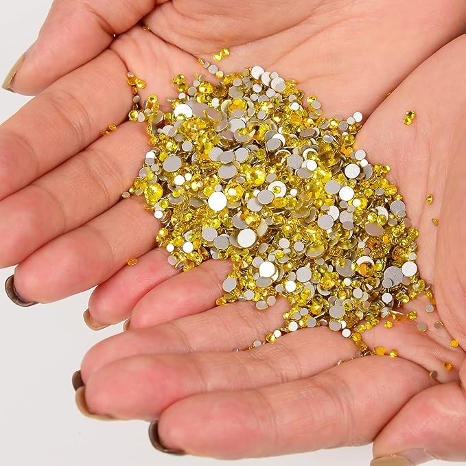 10000 Pieces Rhinestones 6 Sizes Round Crystal Glass Flat Back Rhinestones with 1Tweezers and 1Picking Pen for Nail Art Crafts Clothes Bags DIY (Lemon Yellow)