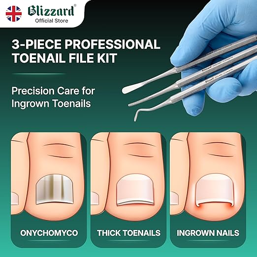 Ingrown Toenail File Set by Blizzard – 3 Piece Double-Ended Tool Kit with Blacks File, Nail Cleaner and Lifter for Cleaning and Care of Ingrown Toenails - Premium Stainless Steel
