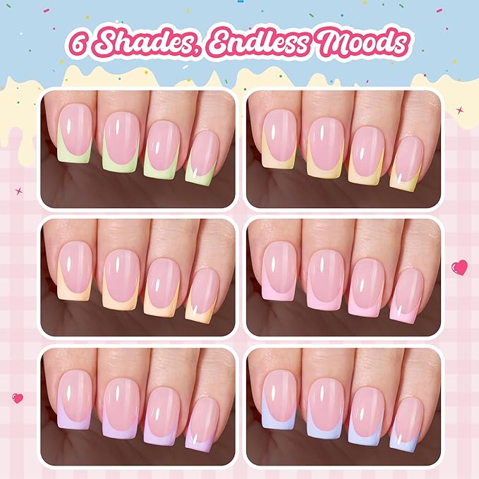 Beetles French Tips Press On Nails, Pastel Spring Nails Short Square 6 Colors 192 Pcs, Spring Fake Nail Tips,Pink Blue Green Soft Gel Nails False Nails Art DIY For Women
