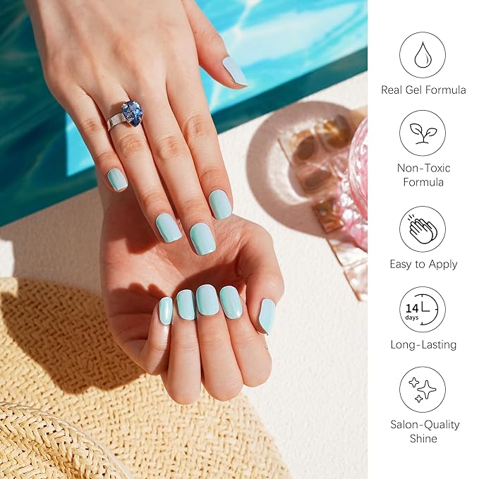 DANNI & TONI Semi Cured Gel Nail Strips Light Turquoise Holographic Soft Mint Blue Gel Nail Wraps 28 Stickers | Lunar Tide