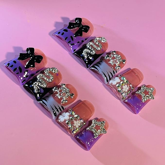 10 Pieces Luxury Acrylic Y2K Press On Nails Short Handmade Duck Nails, Black Bow Tie, Skull And Snake Rhinestones decoration, Orange Thickened False Nails, Reusable Acrylic Nails (S)