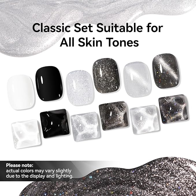 Nail Polish Set 6 Colors Black White Silver Gray Sparkle Cat Eye Glitter Shimmer Nail Polish Kit with Magnet, Quick Air Dry Non Gel, Nail Art DIY Home Travel Manicure Gift for Women Girls
