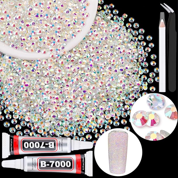2500PCS SS10/2.8mm Crystal Rhinestones (Transparent AB) with 2Pcs 10ml B7000 Jewelry Glue, Bedazzling Flatback Glass Rhinestones for Crafting, Gems Diomand for Tumbler Shoes Clothing Mugs Nail Art