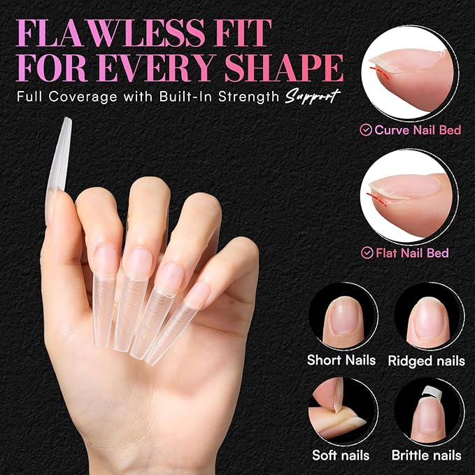 Makartt Extra Long Coffin Nail Tips with Length and Shape Guides, 240PCS 15 Sizes XXL Ballerina Full Cover Clear Matte False Nails with Alignment Scales for Press on Extensions DIY Manicure