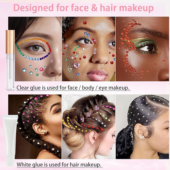 Hair Face Gems Rhinestone with Makeup Glue, Flat Back Colorful Jewels Crystal Rhinestone Half Round AB Pearl Kit, Wax Pencil Tweezer and Brush for Face Eyes Hair Body Makeup