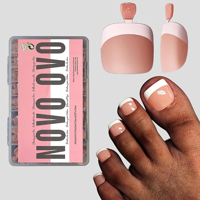 NOVO OVO Fake Toe Nail Tips Press on, French Tip Soft Gel Toenail Extension, ORANGE PINK Square Round Pre-applied Tip Primer & Base Coat, Full Cover Matte False Nails for DIY x 15 Sizes 360Pcs