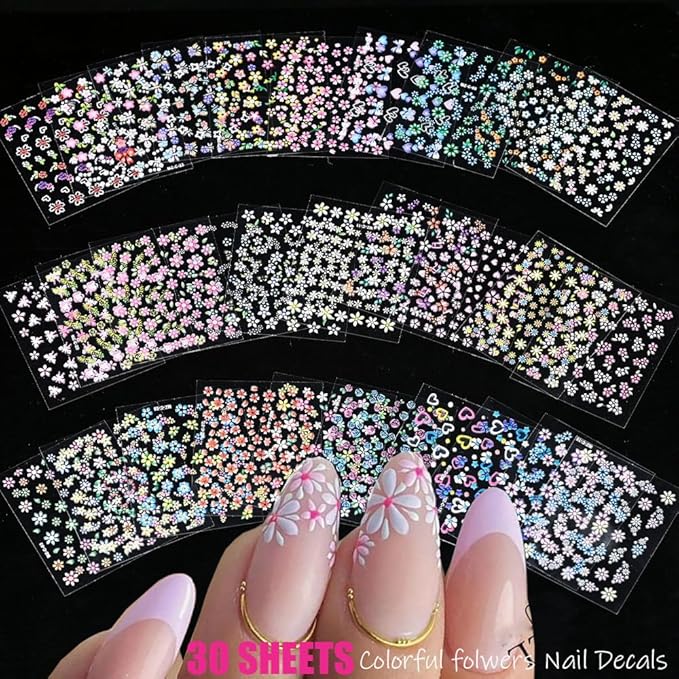 Zoance 102 Sheets Nail Art Stickers & Storage Book,5200 Pieces 3D Self-Adhesive White Floral Nail Stickers with Rhinestones Designs,Multicolor Laser Gold Nail Decals for Women DIY Manicure Decorations