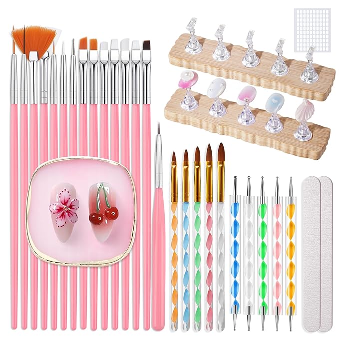38Pcs Nail Art Brushes Set: Nail Art Tools with Nail Stand Holder, 15Pcs Nail Design Brushes, 5Pcs Dotting Tools, 5Pcs Sculpting Brushes, Resin Palette, Nail File for Painting Nails