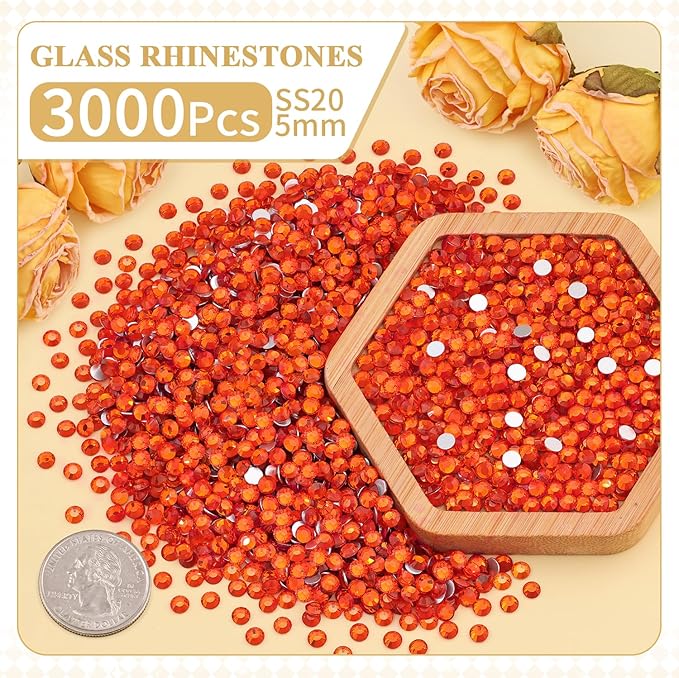 3000PCS SS20/5mm Crystal Rhinestones (Orange/Hyacinth) with 2Pcs 10ml B7000 Jewelry Glue, Bedazzling Flatback Glass Rhinestones for Crafting, Gems Diomand Charms for Tumbler Shoes Clothing Nail Art
