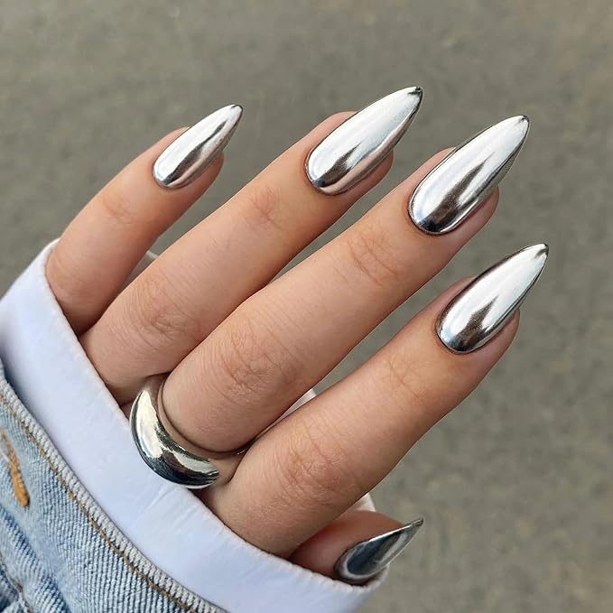 Chrome Press On Nails Almond, Metallic Sliver Mirrored Glue on Nails Medium Press Ons, Acrylic Natural Fit Stick on Nails in 12 Sizes - 24Pcs Fake Nail Kit for Women Daily & Party Wear