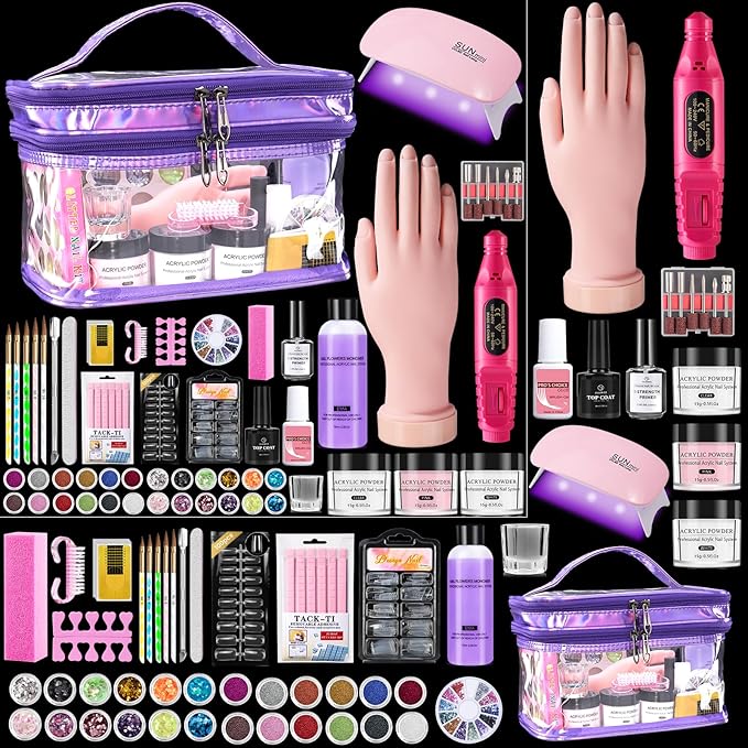 Nail Kit for Beginners with Everything: Professional Monomer Acrylic Nail Liquid Powder Set with Practice Hand Drill U V Light in Cosmetic Bag for Women Salon Home(Purple)