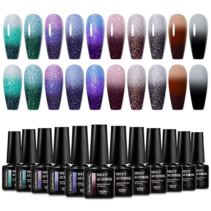 MEET ACROSS Color Changing Gel Nail Polish Set, 12 PCS Shimmer Glitter Mood Temperature Change Colors Kit, Black Brown Green Purple UV Thermal Manicure Gel Gift