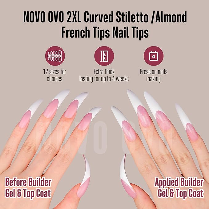 NOVO OVO Halloween XXL Curved Stiletto Almond French Tip Nail Tips, Soft Gel Extra Thick Long Acrylic Hawk Curve Fake Extension, Need Builder Gel & Top Coat, Full Cover Press on DIY 12 Sizes 240 pcs