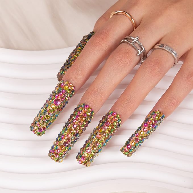 LOVFUL Press on Nails Classic Radiant Rhinestone| Handmade with Full Covered Crystals| Reusable Fake Nails| Square Mid length 1.7in| H149-S