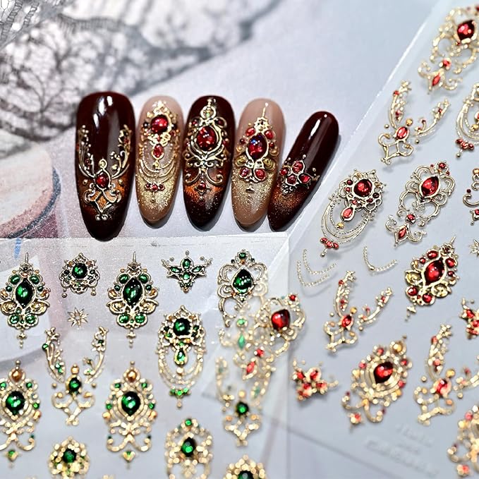 2 Sheets 5D Embossed Gemstone Nail Stickers Retro Gemstone Nails Art Decals for Women DIY Manicure Decorations