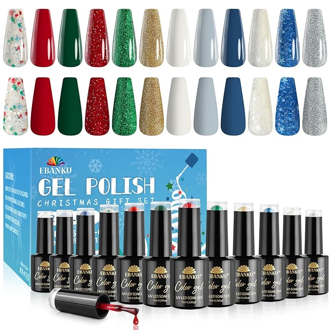 EBANKU Gel Nail Polish Kit, 12 Colors Gel Polish Kit Red Green Gel Polish Glitter Blue Silver Gel Polish Set Christmas Nail Polish Kit DIY Manicure Set For Nail Art Decoration
