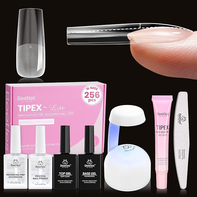 Beetles Tipex Lite Nail Tips Kit with Dehydrator & Primer, Long Square Full Cover Clear Nails 256PCS 16 Sizes, Mini UV Lamp, 20g Solid Nail Glue, Base & Top Coat, All-in-One Nail Starter Kit