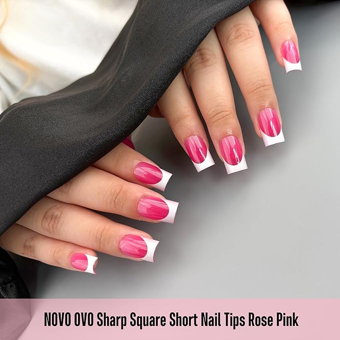NOVO OVO Short Sharp Square White French Tip Nail Tips Press on ROSE PINK, Need Builder Gel Top Coat Nail Glue, Soft Gel Fake Nail Extension, Full Cover False Nails for Salon DIY x 15 Sizes 240 pcs