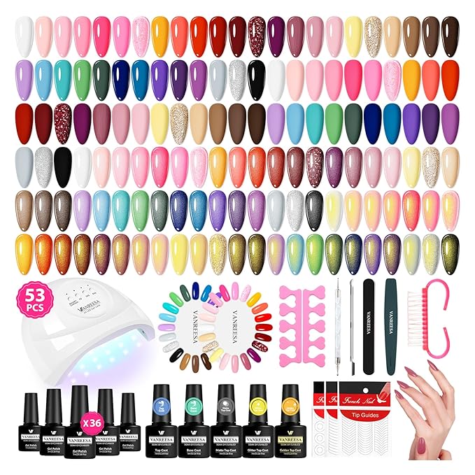 VANREESA Gel Nail Polish Kit with U V Light 53 Pcs Gel Polish Nail Set 36 Popular Colors Nail Polish Set with Base Coat 4 Effects Top Coat with Manicure Tools Complete Nail Kit Gifts for Women Girls