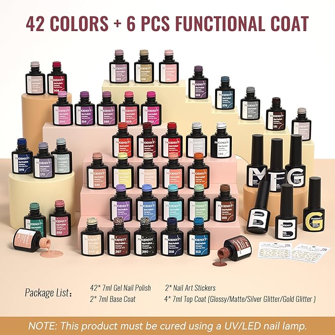 phoenixy 50 Pcs Gel Nail Polish Set, 42 Colors Nail Polish with 2 Base Coat & 4 Effects Top Coat Red Brown Colors Gel Polish Kit Nail Starter Set Christmas Gifts for Women Girls