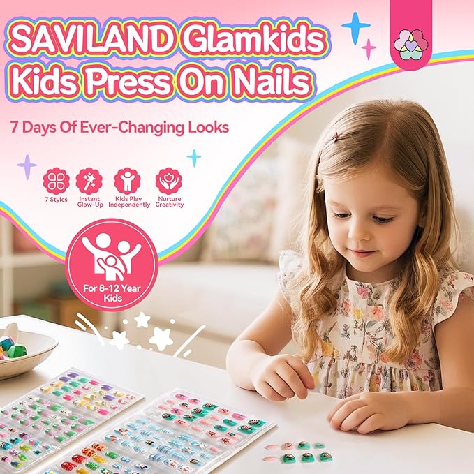 168 Pieces Press on Nails for Kids, SAVILAND 7 Pack Children Fake Artificial False Nail Tips Old Colorful Flower Nails For Girls 8-12 Years Pre Glue Full Cover with Nail Adhesive Tabs (Glamkids)