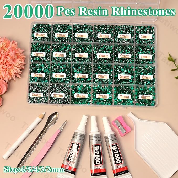 20000Pcs Emerald Green Flatback Jelly Resin Rhinestones for Bedazzling, Mix Sizes Green Crystal Rhinestones Gems Bedazzling for Crafting, Flatback Rhinestone for DIY Face Makeup Crafts Tumblers