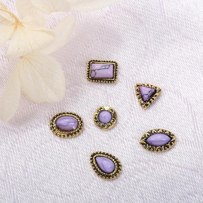 50 PCS Western Nail Charms - Purple Turquoise Nail Charms, Vintage Cowboy Cowgirl Western Art Gems Stickers, Retro Metal Gold Silver Art, Purple Multi-Shape Marble Gems Bulk DIY