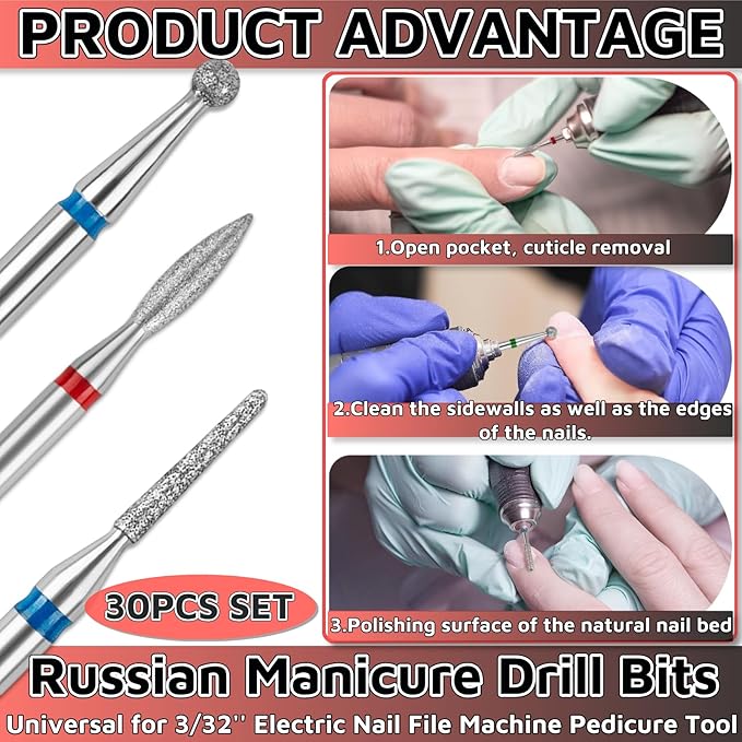 Russian Manicure Drill Bits 30PCS，Electric Nail Drill Bits Nail Drill Bit Set，Cuticle Bit for Nail Drill，Cuticle Drill Bits for Nails Universal for 3/32'' Electric Nail File Machine Pedicure Tool