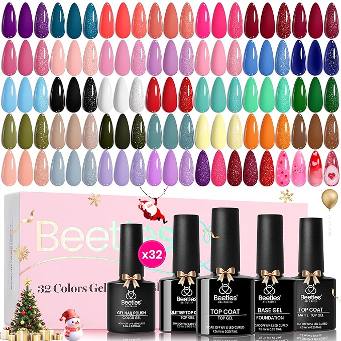 beetles Spring Gel Polish Set - Fingertip Palette, 32 Colors Valentines Polish Set with Base Top Coat Pink Red Blue Purple Brown Yellow Green Black White Uv LED Lamp Nails Gifts for Women