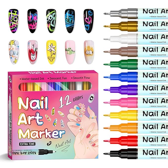 Waterproof Nail Art Pen, 12 Colors Nail Art Pen Set, 0.5mm Precision Control, Quick Drying Markers for & DIY, Complete Kit with Fine Tip Pens