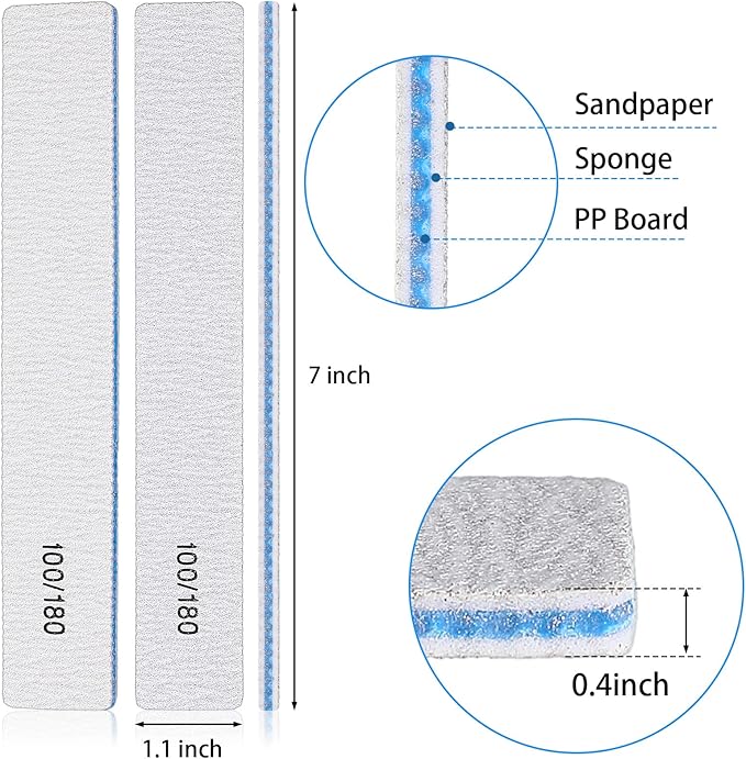 200 Pcs 100/180 Grit Nail Files, Reusable Nail File Double Sided Emery Boards for Acrylic and Gel Nails, Professional Fingernail File Manicure Tools for Filer Salon Pedicure Beauty(Rectangle)