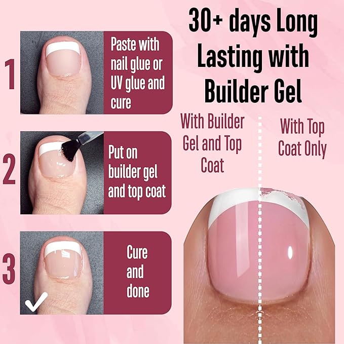 NOVO OVO Fake Toe Nail Tips Press on, French Tip Soft Gel Toenail Extension, BABY PINK Square Round Pre-applied Tip Primer & Base Coat, Full Cover Matte False Nails for DIY x 15 Sizes 360Pcs