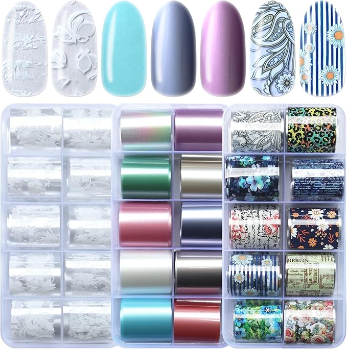 LoveOurHome 30 Sheet White Flower Tranfer Nail Foils Sticker Decorations, Floral Nail Tranfer Foil Stickers Marble Nails Stickers Decals Metallic Fingernail Tip Foil Sheet Gel Acrylic Nails Accessory