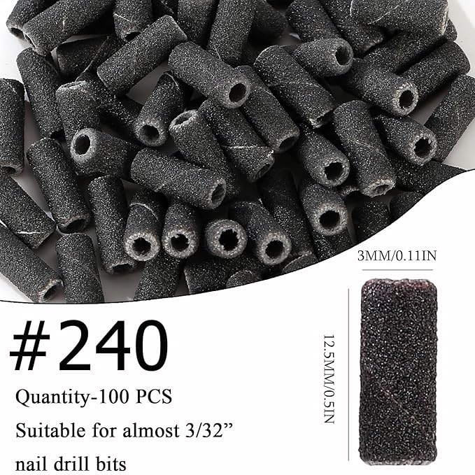 100pcs Nail Drill Bits Small Sanding Bands with 3.1mm Mandrel Bit, 240 Extra Fine Grit Nail File Sanding Bands for Acrylic Nails Gel Removing Shaping Manicures and Pedicure (Black, 240 Grit)