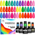 VANREESA 24 Pcs Gel Nail Polish Set -Bright Colors Gel Polish with Base Coat & 4 Effects of Top Coat Bright Yellow Orange Pink Red Green Blue Purple Gel Polish Set Nail Kit Gifts for Women Girls