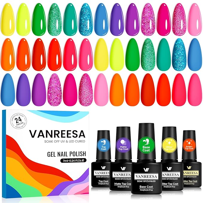 VANREESA 24 Pcs Gel Nail Polish Set -Bright Colors Gel Polish with Base Coat & 4 Effects of Top Coat Bright Yellow Orange Pink Red Green Blue Purple Gel Polish Set Nail Kit Gifts for Women Girls