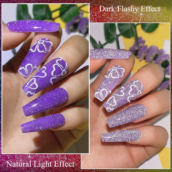MIZHSE Reflective Glitter Gel Polish Set, Neon Reflective Gel Polish Shimmery Sparkly Diamond Soak Off U V LED Gels Polish Home Manicure Nail Art Salon