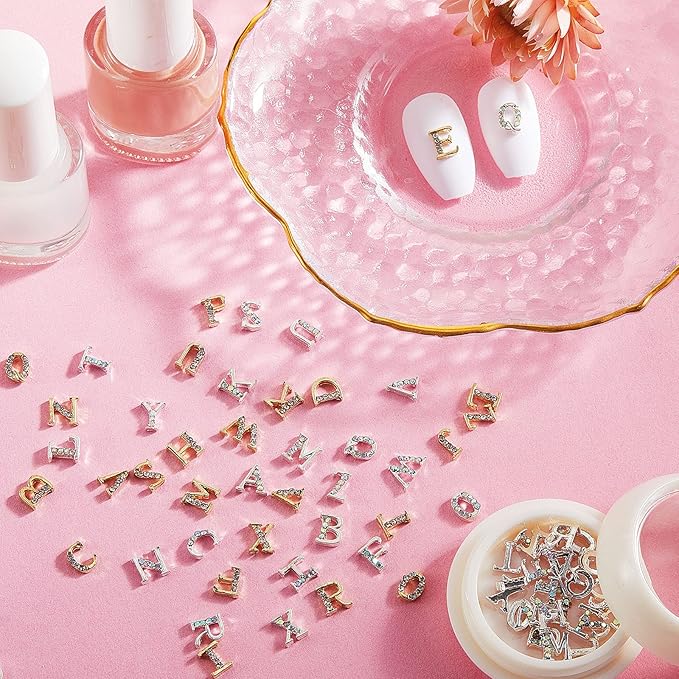 Maitys 104 Pcs Gold Silver Letter Nail Charms 3D Capital Charms Studs Letters and Rhinestone Crystal Nail Decals English Alphabet Fingernail Art Decoration for Women Female DIY Fingernail Art