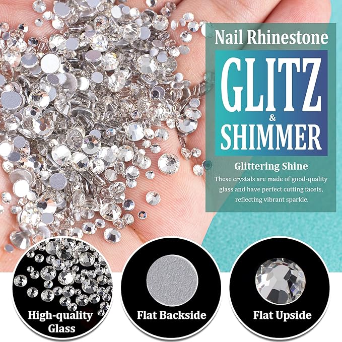 6 Sizes Transparent White Silver Glass Crystal Kit with Pickup Pen + Tweezer Tools for Shine Nail Art Manicure Makeup DIY Decoration Flatback Round Rhinestone Gem Jewelry Diamond