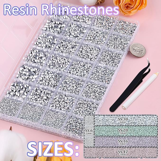 30000Pcs Resin Rhinestones for Bedazzling with Tweezers, Silver Rhinestones for Crafting with B7000 Jewelry Glue for DIY Crafts Clothing Tumblers Shoes Fabric Nail Art