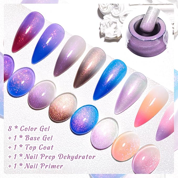 MEET ACROSS 12 Pcs Color Changing Gel Nail Polish Set, 8 Colors Red Pink Glitter Blue Purple Mood Temperature Change Nail Polish with Base Top Gel Nail Dehydrator and Primer