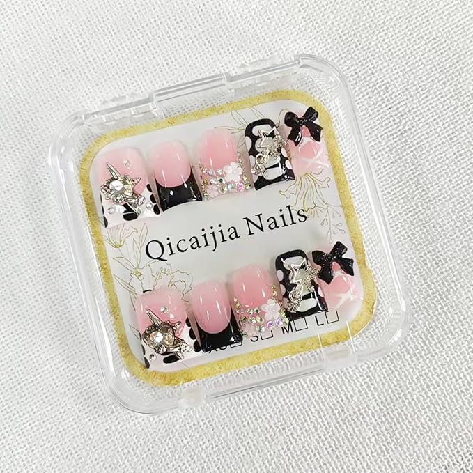 Handmade Duck Press on Nails Medium Fake Nails Black French Tip Press on Nails with 3D Bow Rhinestone Design Multi Gel Acrylic False Nails Luxury Duck Nails Press ons for Women Manicure 10Pcs(Size M)