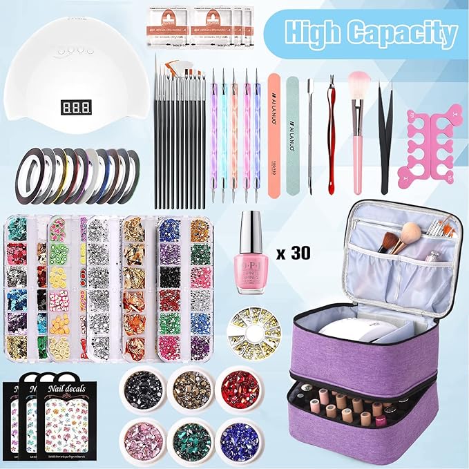 Nail Polish Organizer Holds 30 Bottles (15ml) and 1 Nail Light Nail Polish Carrying Case with Storage Pockets for Manicure Tools Double Layer Nail Storage Travel Bag with Handle (A-Purple)