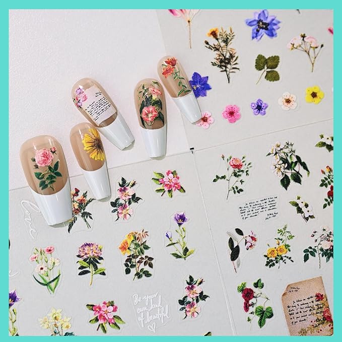 Large Flowers Pattern Nail Art Stickers, Floral Nail Decals, Self-Adhesive,Summer Spring Nail Accessories for Women, Nail Decorations 3 Sheets
