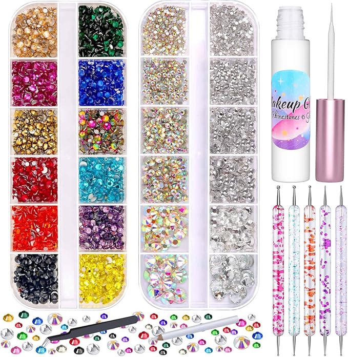 5608Pcs Makeup Rhinestones with Face Glue, Flatback Colorful Face Gems Crystal AB&Clear Eye Jewels with Pickup Dotting Tools for Eye, Body Makeup, Nail Art and DIY Crafts