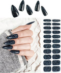 Semi Cured Gel Nail Strips Black Glitter Nail Strips with UV/LED Required Long Lasting Gel Nail Stickers Includes 22 Strips 2 Prep Pads, Nail File & Wooden Stick
