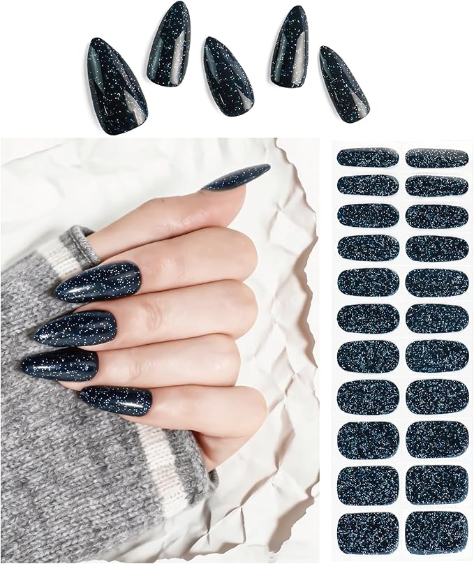 Semi Cured Gel Nail Strips Black Glitter Nail Strips with UV/LED Required Long Lasting Gel Nail Stickers Includes 22 Strips 2 Prep Pads, Nail File & Wooden Stick