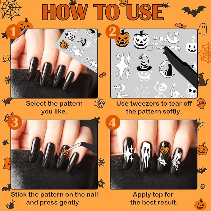 Glow Halloween Nail Art Stickers, Luminous Nail Sticker Decals for Girl Women, Scary Skull Bat Pumpkin Ghost Cat Words Nail Stickers for Nail Art Kids Party Gifts Decoration Self-Adhesive, 9 Sheets