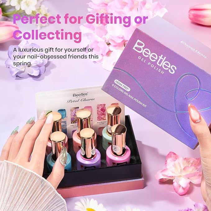 Beetles Petal Charm Cat Eye Gel Nail Polish Set - 6 Colors 15ML Spring Gel Polish Kit Glitter Pink Purple Blue Orange Red Green Magnetic Effect Soak Off UV Nail Art DIY Manicure Gift for Women
