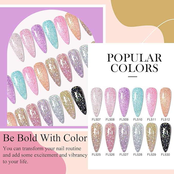 12 Pcs Reflective Glitter Gel Nail Polish, Shimmery Gel Polish Set Sparkly Shiny Gel Soak Off UV LED Nail Art Varnish Manicure Kit DIY at Home